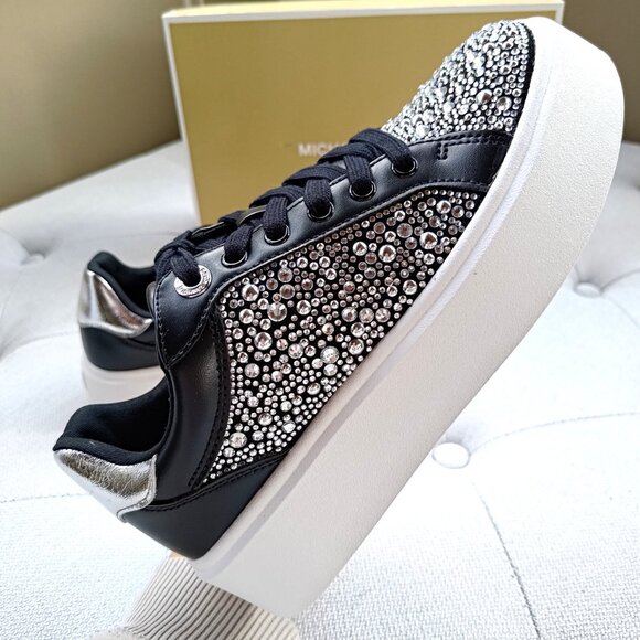 Michael Kors Romey Embellished Platform Sneaker Black 49F5RMFS1S - Picture 3 of 13